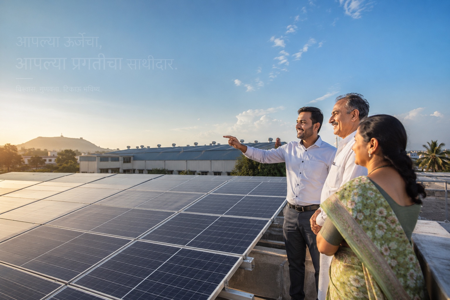 A Solar Technologies advisor showing a local family their rooftop solar installation