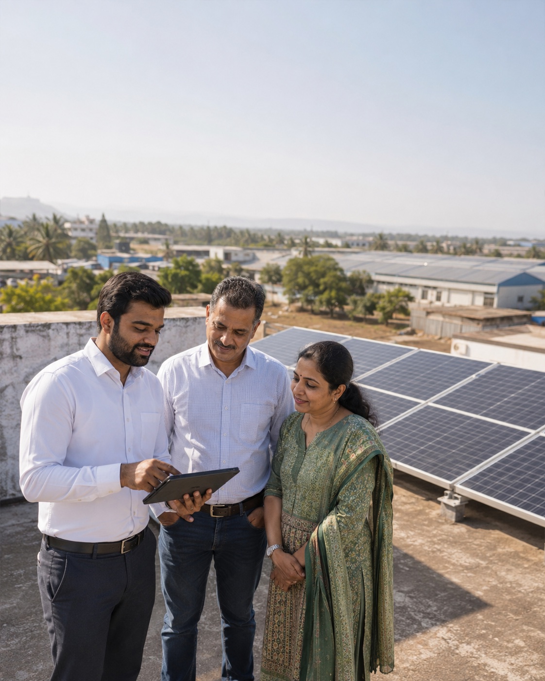A Solar Technologies advisor reviewing rooftop solar options with a local couple